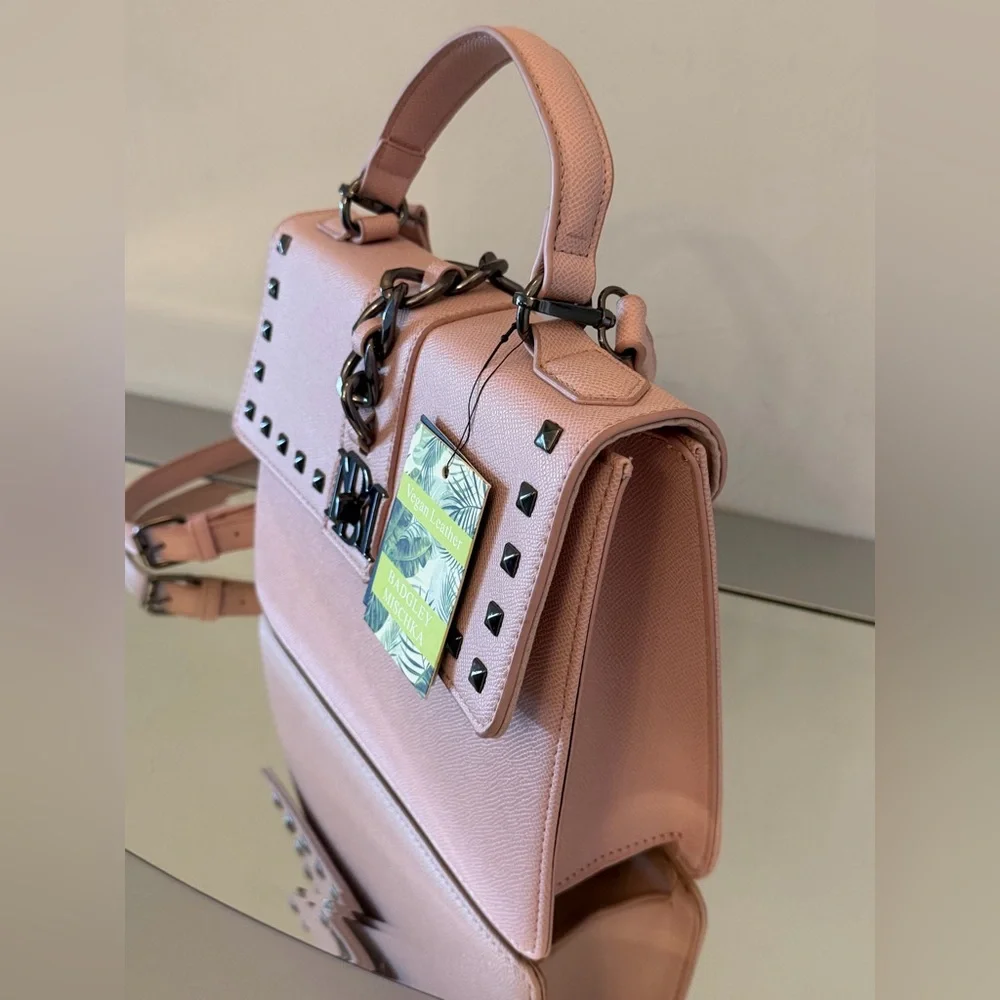 BADGLEY MISCHKA Blush Pink Studded Crossbody Bag with Chain and Logo Lock